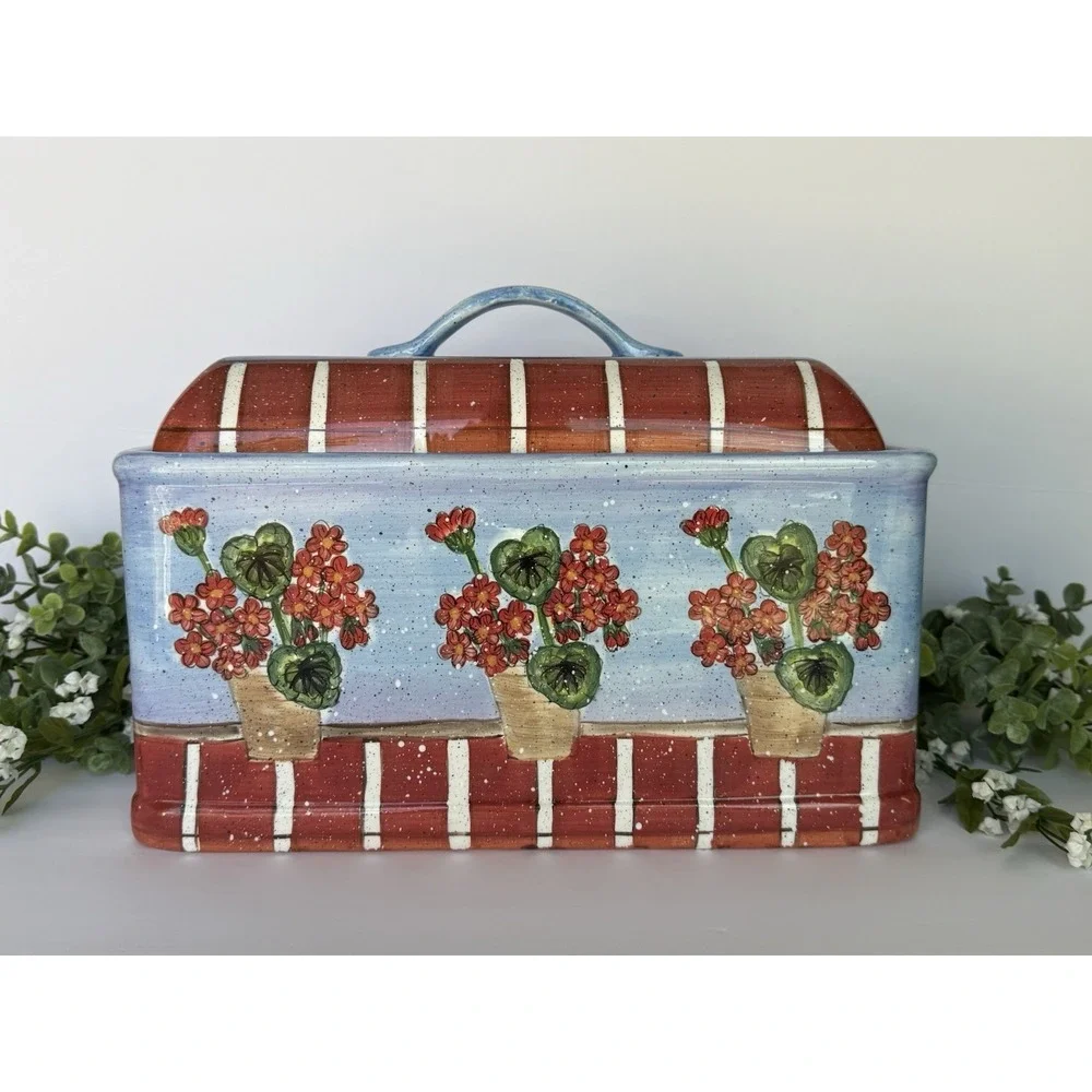 RARE Dept 56 Ceramic Floral Lidded Bread Box/Planter/Decor Country Cottage Blue